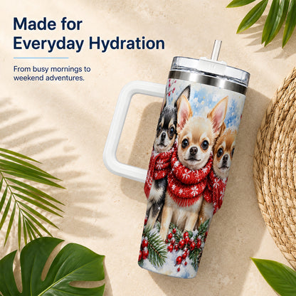 Winter Chihuahua 40oz Tumbler with Handle, Snowy Dog Travel Cup