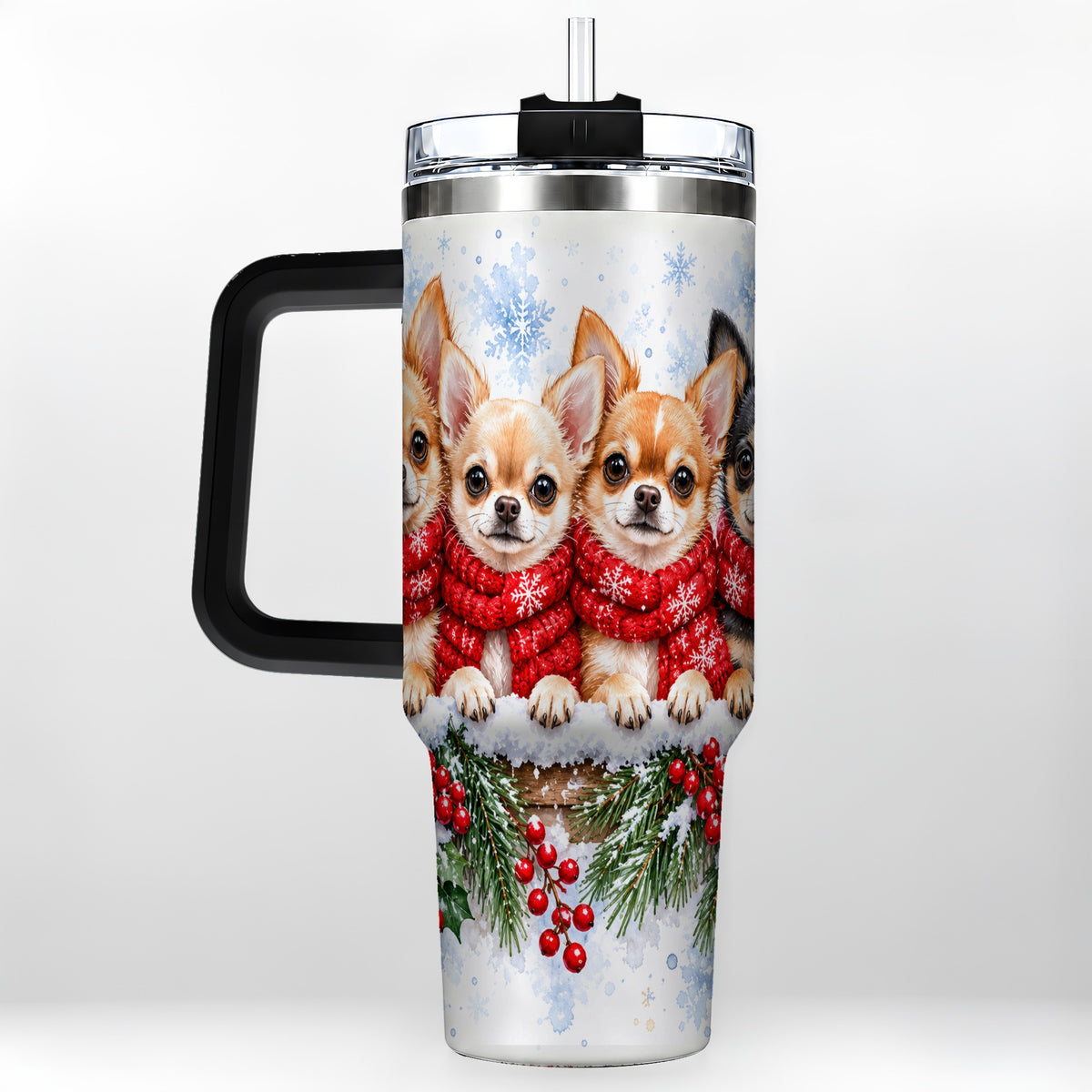 #pl[40oz|Black] Four Chihuahua 40oz Tumbler with Handle, Christmas Dog Travel Cup