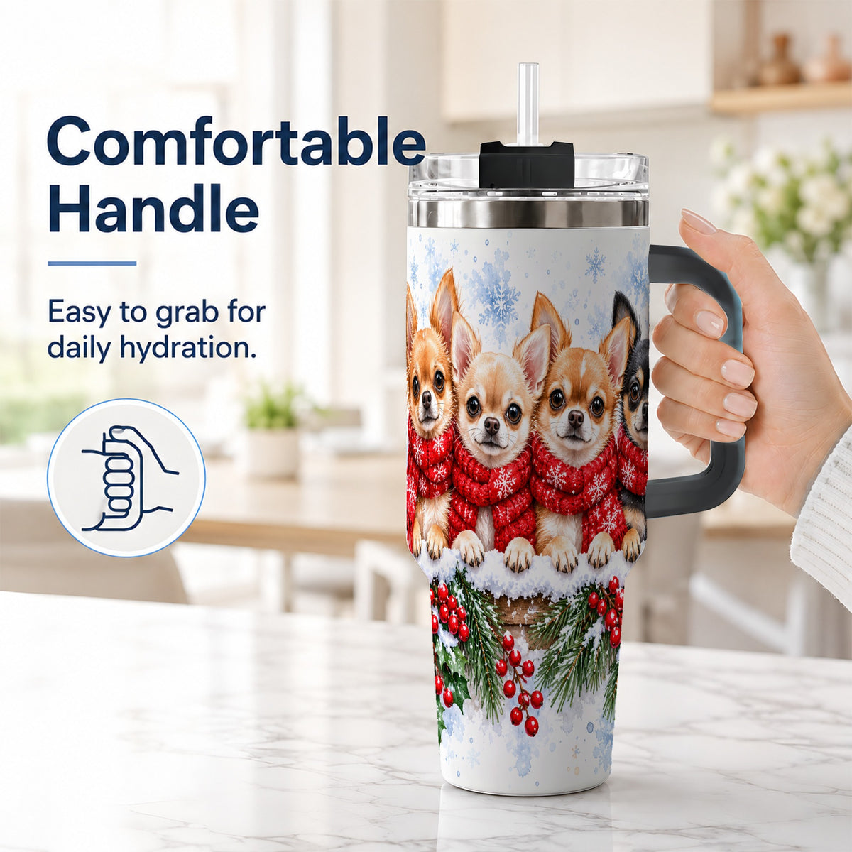 #pl[40oz|Black] Four Chihuahua 40oz Tumbler with Handle, Christmas Dog Travel Cup