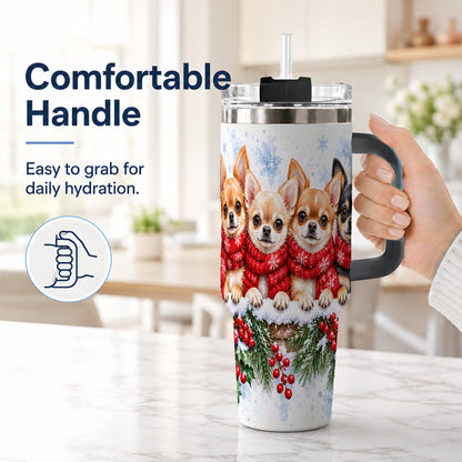 #pl[40oz|Black] Four Chihuahua 40oz Tumbler with Handle, Christmas Dog Travel Cup