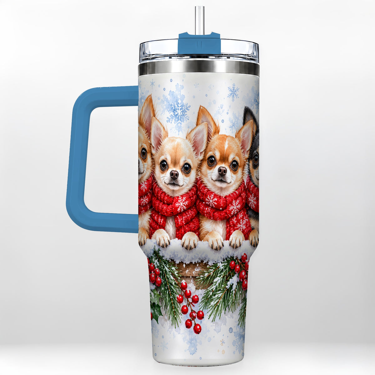 #pl[40oz|Blue] Four Chihuahua 40oz Tumbler with Handle, Christmas Dog Travel Cup