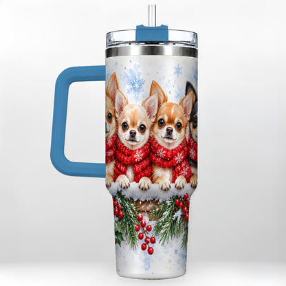 #pl[40oz|Blue] Four Chihuahua 40oz Tumbler with Handle, Christmas Dog Travel Cup