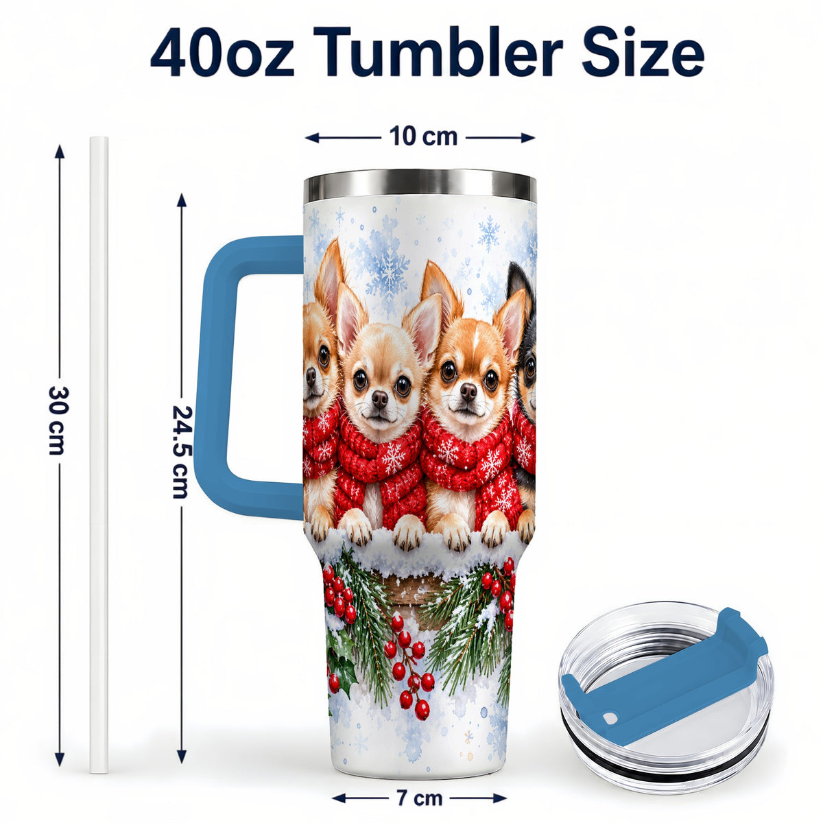 #pl[40oz|Blue] Four Chihuahua 40oz Tumbler with Handle, Christmas Dog Travel Cup