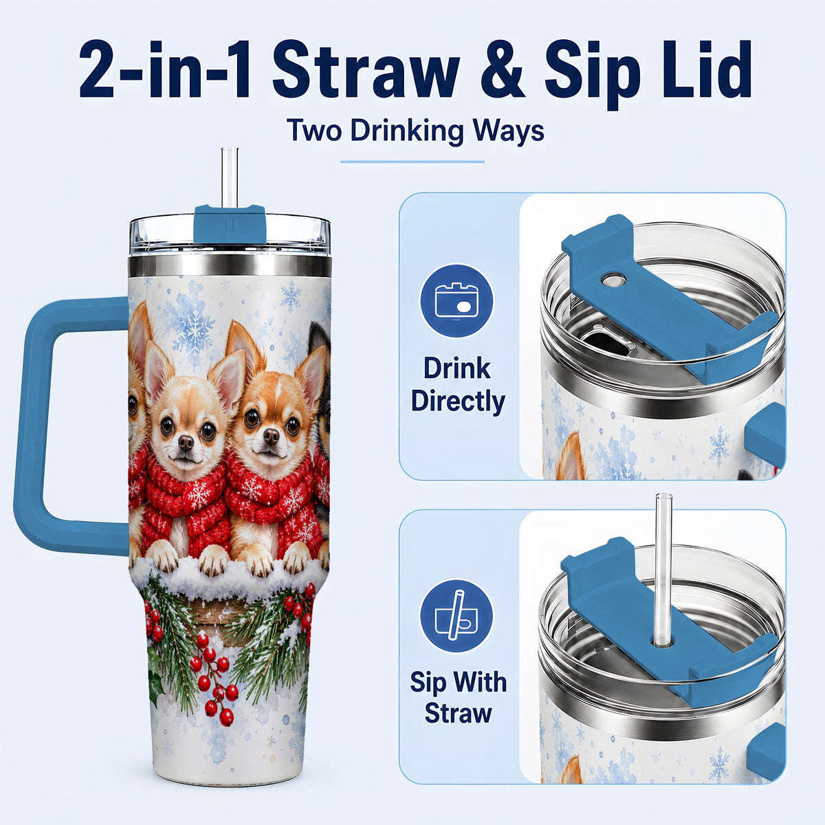 #pl[40oz|Blue] Four Chihuahua 40oz Tumbler with Handle, Christmas Dog Travel Cup