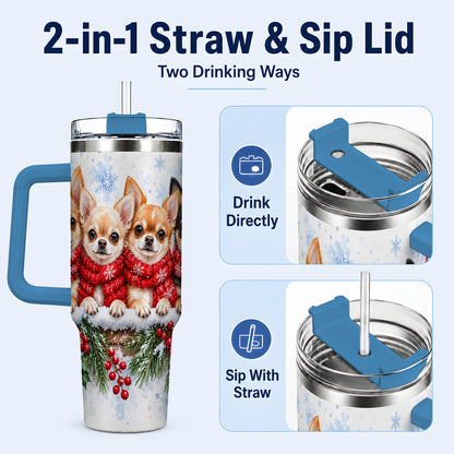 #pl[40oz|Blue] Four Chihuahua 40oz Tumbler with Handle, Christmas Dog Travel Cup