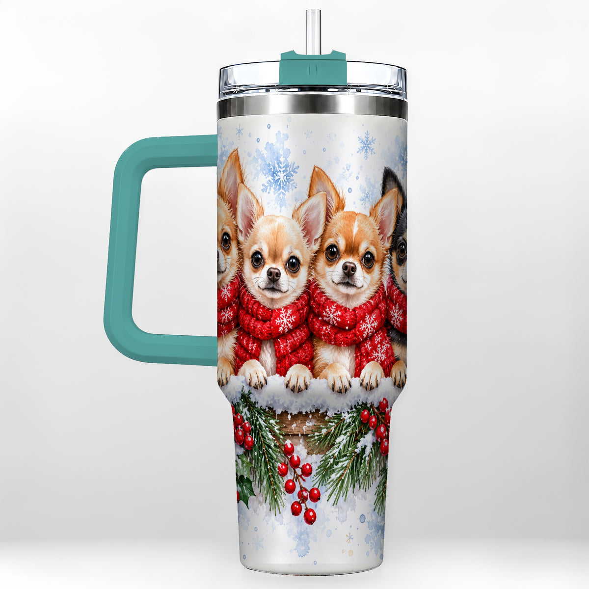 #pl[40oz|Green] Four Chihuahua 40oz Tumbler with Handle, Christmas Dog Travel Cup