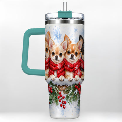 #pl[40oz|Green] Four Chihuahua 40oz Tumbler with Handle, Christmas Dog Travel Cup