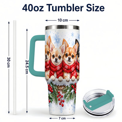 #pl[40oz|Green] Four Chihuahua 40oz Tumbler with Handle, Christmas Dog Travel Cup