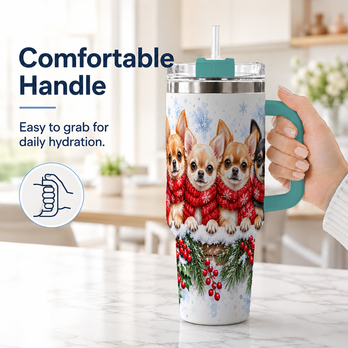 #pl[40oz|Green] Four Chihuahua 40oz Tumbler with Handle, Christmas Dog Travel Cup