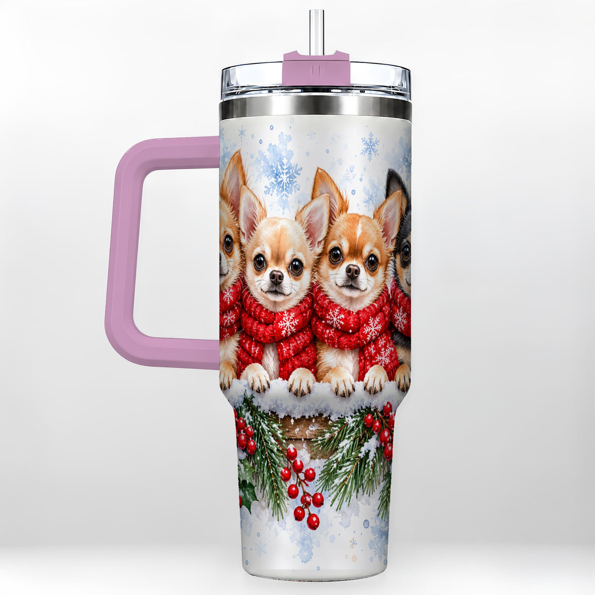 #pl[40oz|Pink] Four Chihuahua 40oz Tumbler with Handle, Christmas Dog Travel Cup