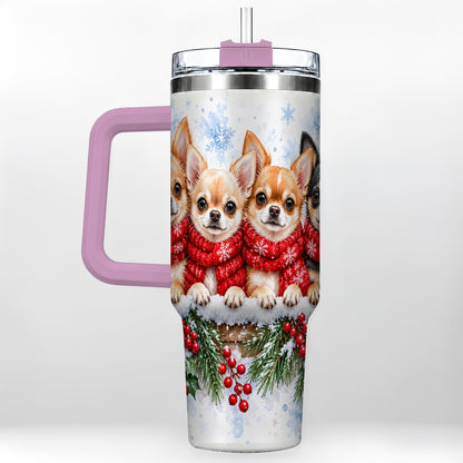 #pl[40oz|Pink] Four Chihuahua 40oz Tumbler with Handle, Christmas Dog Travel Cup