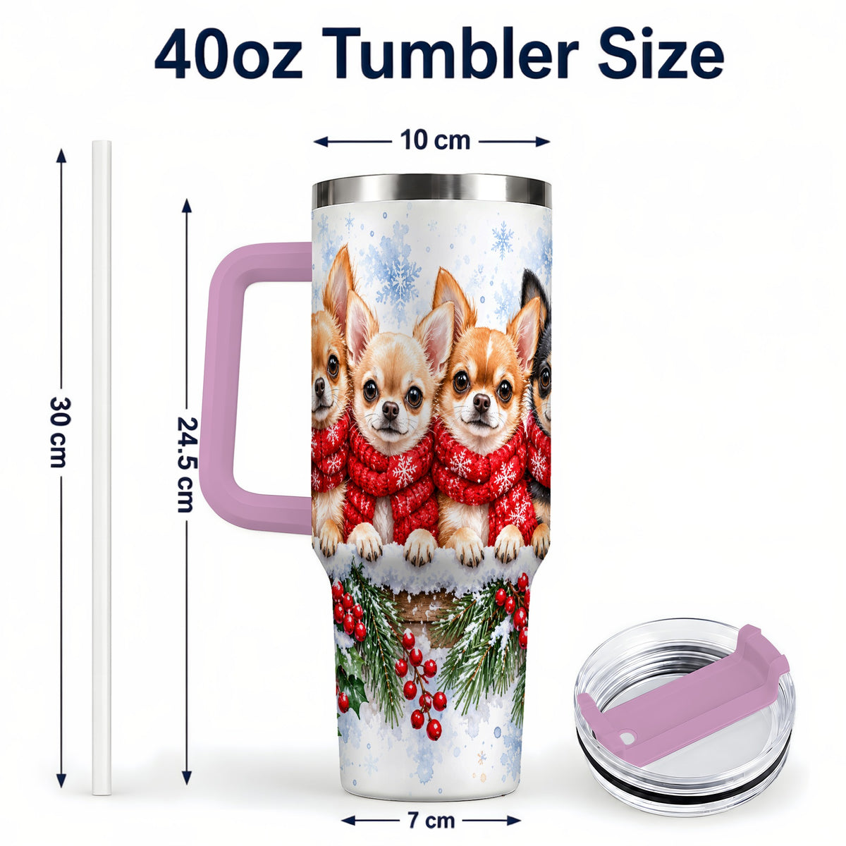 #pl[40oz|Pink] Four Chihuahua 40oz Tumbler with Handle, Christmas Dog Travel Cup