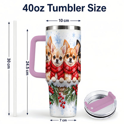 #pl[40oz|Pink] Four Chihuahua 40oz Tumbler with Handle, Christmas Dog Travel Cup