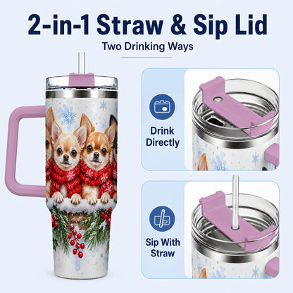 #pl[40oz|Pink] Four Chihuahua 40oz Tumbler with Handle, Christmas Dog Travel Cup