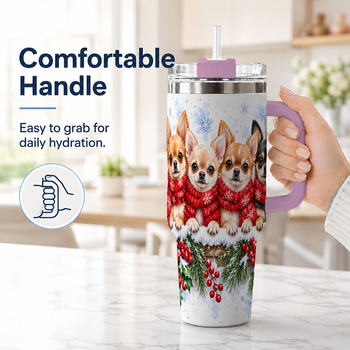 #pl[40oz|Pink] Four Chihuahua 40oz Tumbler with Handle, Christmas Dog Travel Cup