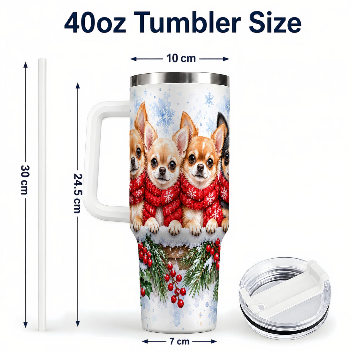 #pl[40oz|White] Four Chihuahua 40oz Tumbler with Handle, Christmas Dog Travel Cup