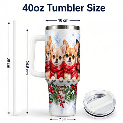 #pl[40oz|White] Four Chihuahua 40oz Tumbler with Handle, Christmas Dog Travel Cup