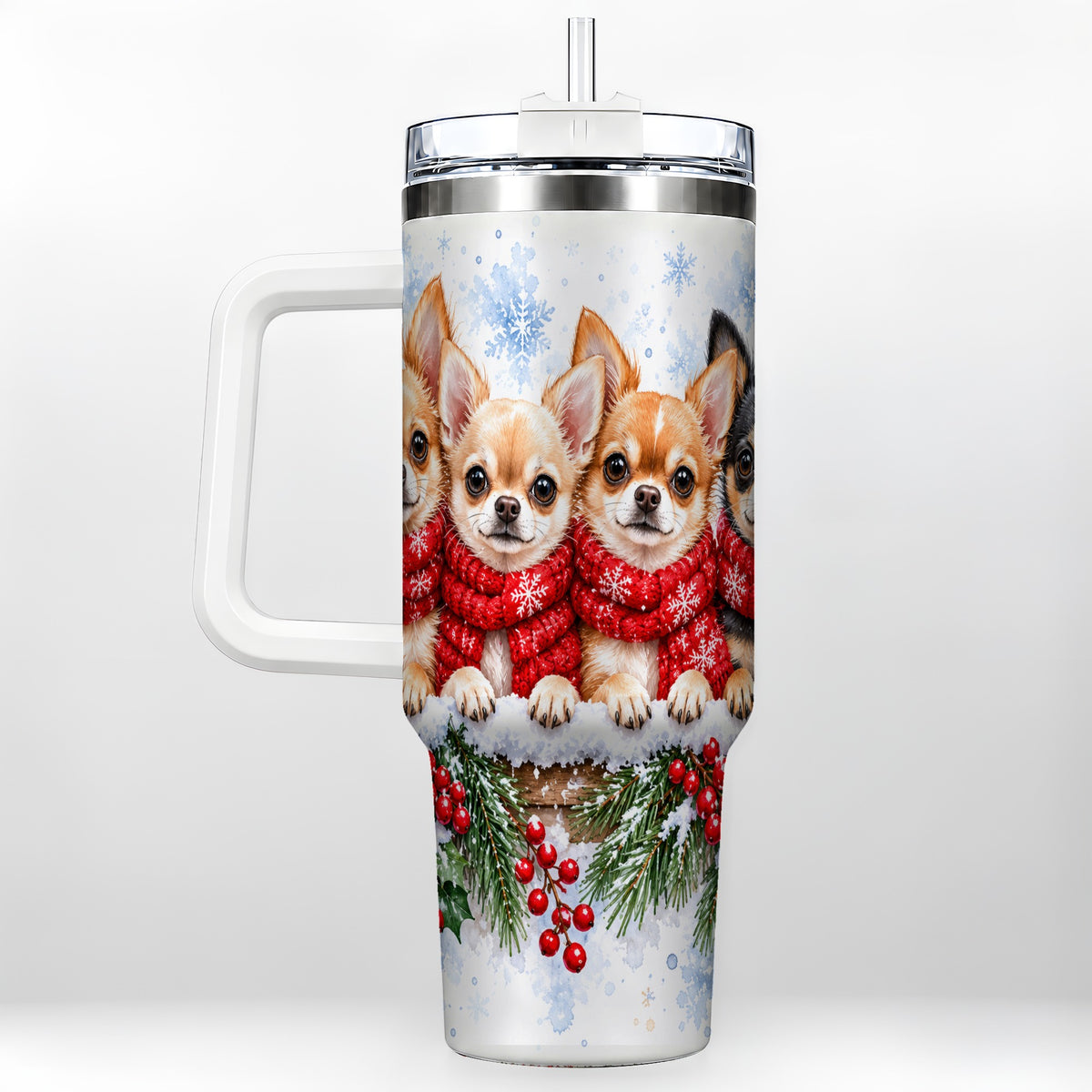 Four Chihuahua 40oz Tumbler with Handle, Christmas Dog Travel Cup