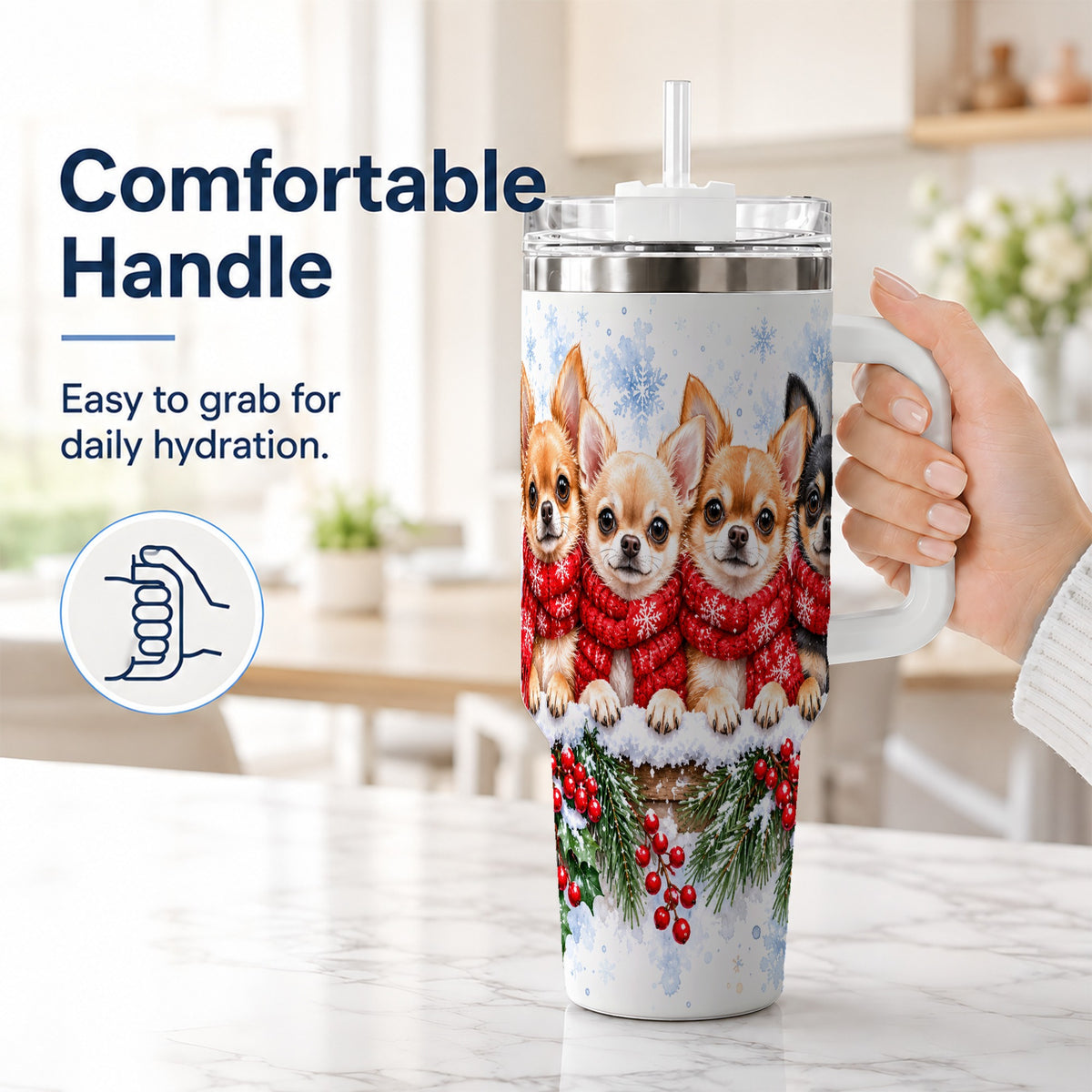 #pl[40oz|White] Four Chihuahua 40oz Tumbler with Handle, Christmas Dog Travel Cup