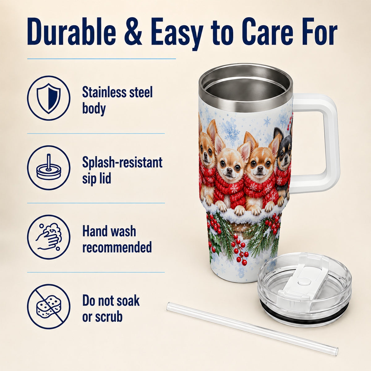 Four Chihuahua 40oz Tumbler with Handle, Christmas Dog Travel Cup
