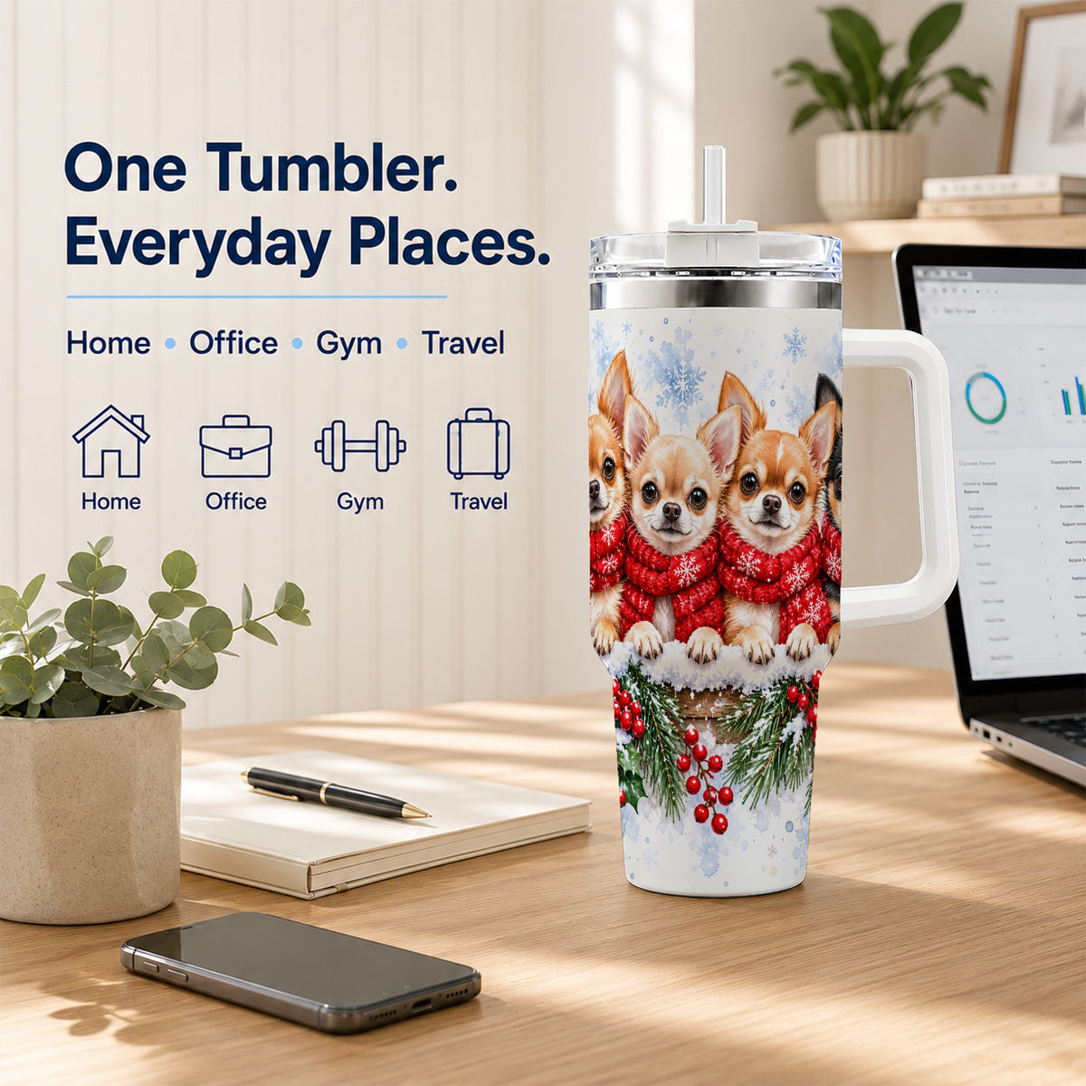 Four Chihuahua 40oz Tumbler with Handle, Christmas Dog Travel Cup