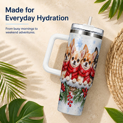 Four Chihuahua 40oz Tumbler with Handle, Christmas Dog Travel Cup