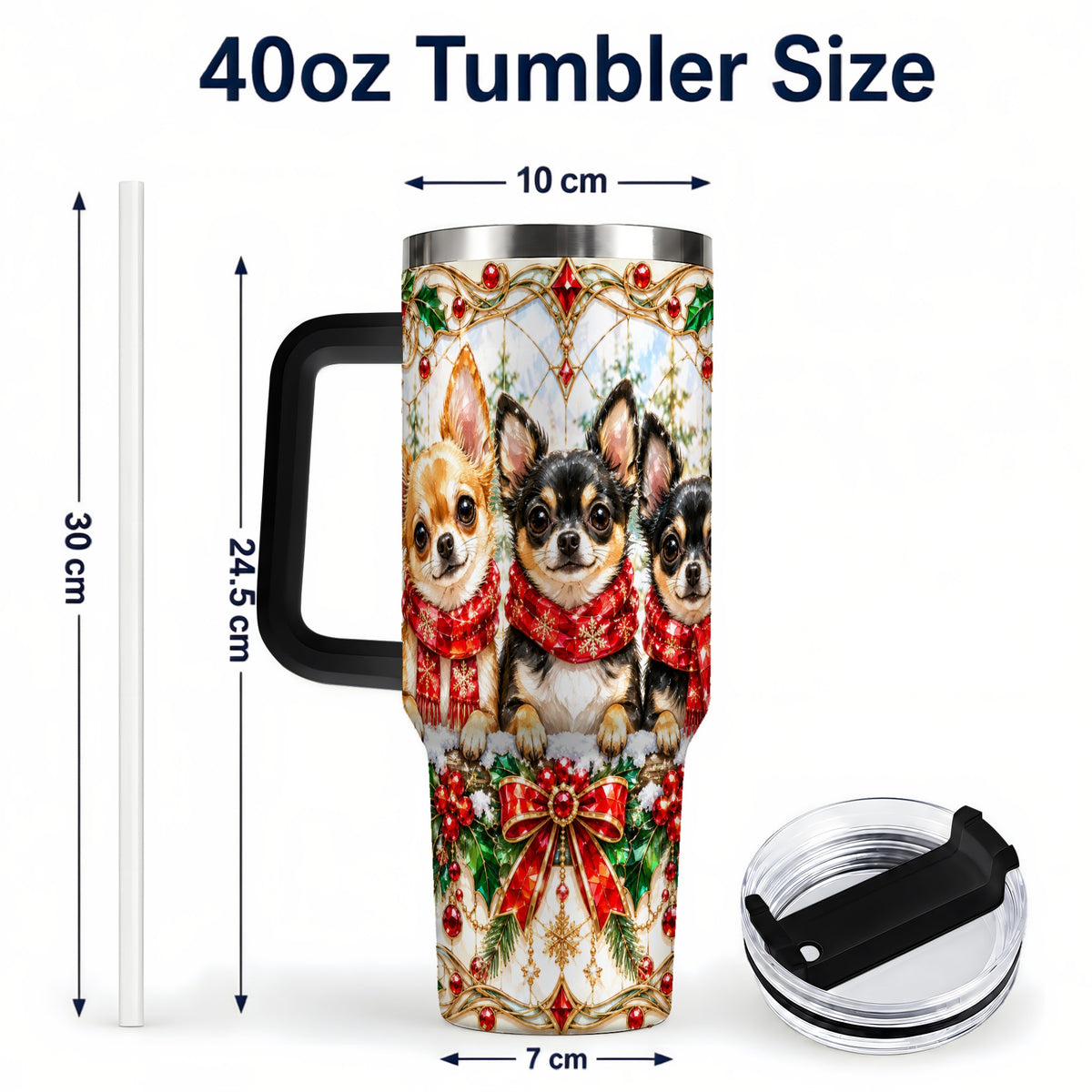 #pl[40oz|Black] Jeweled Chihuahua 40oz Tumbler with Handle, Christmas Dog Travel Cup