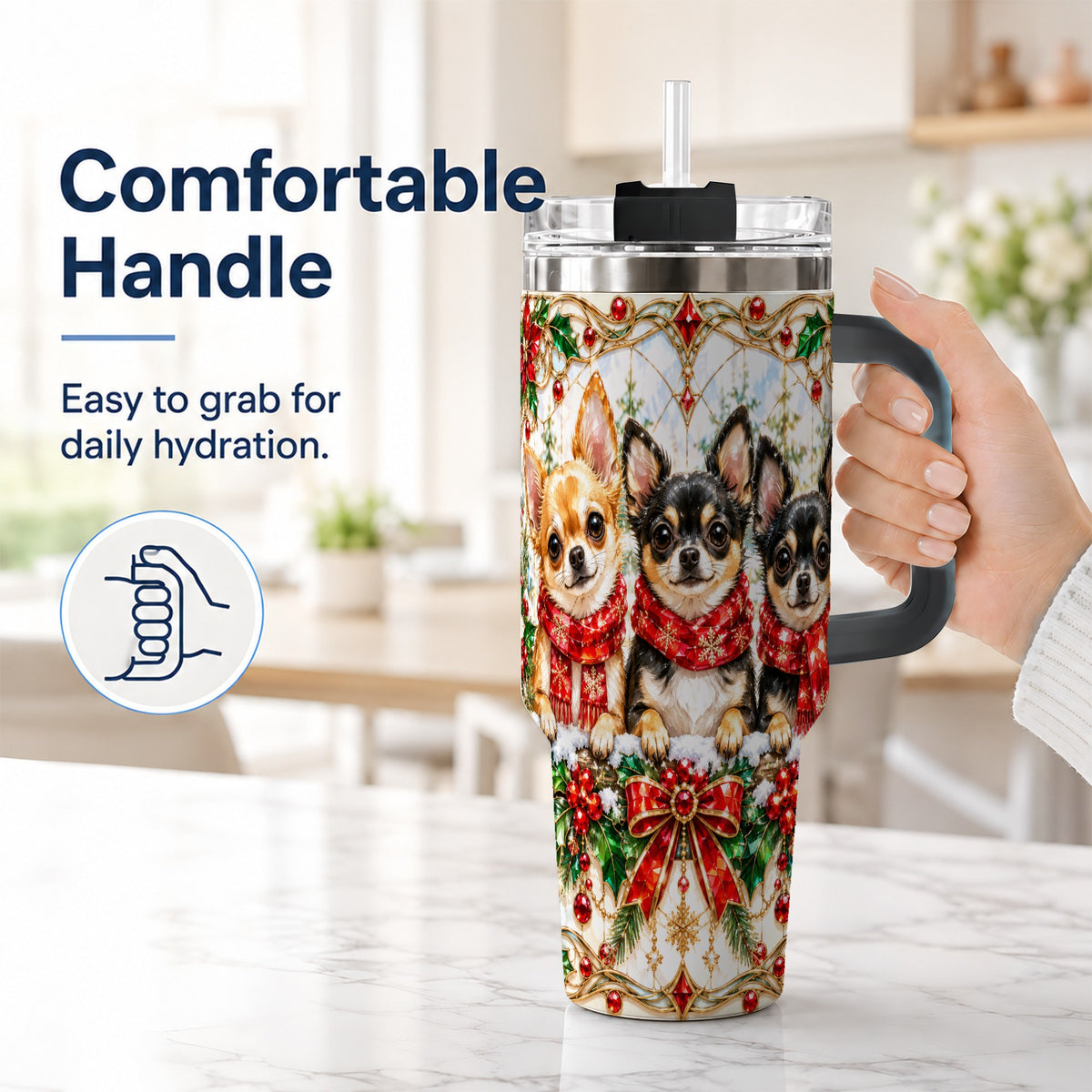 #pl[40oz|Black] Jeweled Chihuahua 40oz Tumbler with Handle, Christmas Dog Travel Cup