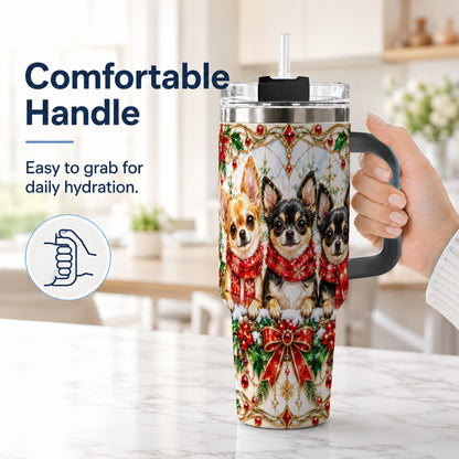 #pl[40oz|Black] Jeweled Chihuahua 40oz Tumbler with Handle, Christmas Dog Travel Cup