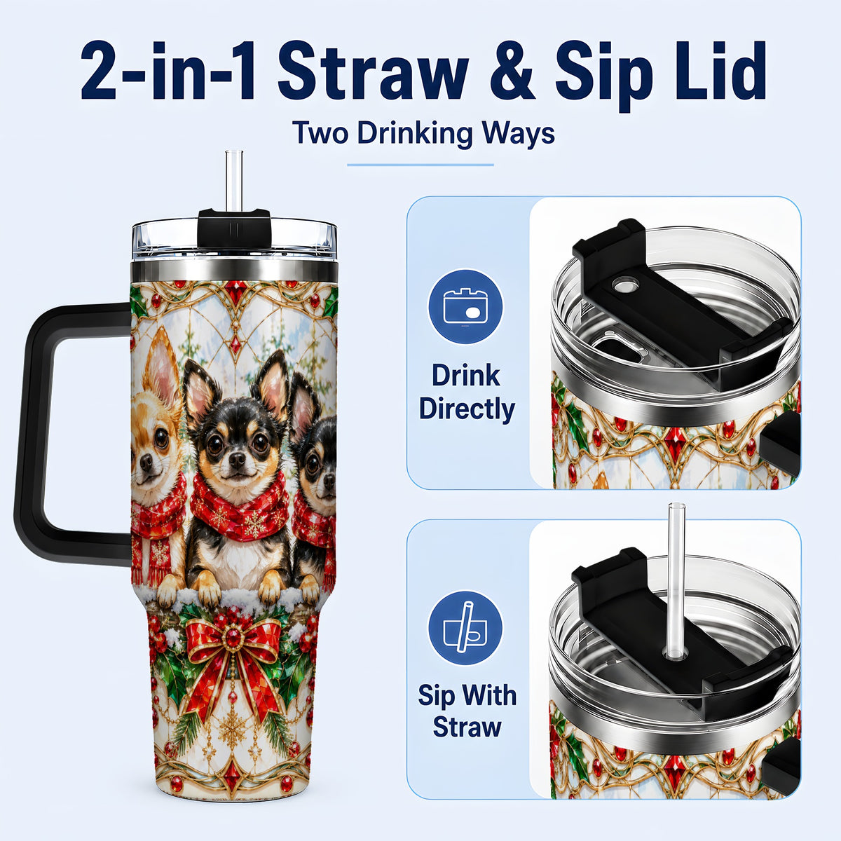 #pl[40oz|Black] Jeweled Chihuahua 40oz Tumbler with Handle, Christmas Dog Travel Cup