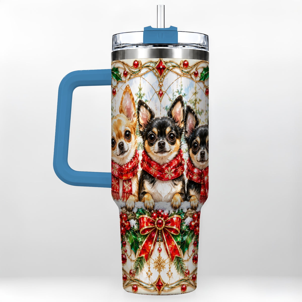 #pl[40oz|Blue] Jeweled Chihuahua 40oz Tumbler with Handle, Christmas Dog Travel Cup