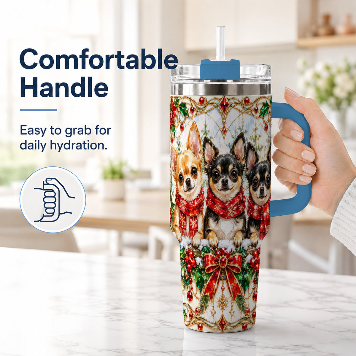 #pl[40oz|Blue] Jeweled Chihuahua 40oz Tumbler with Handle, Christmas Dog Travel Cup