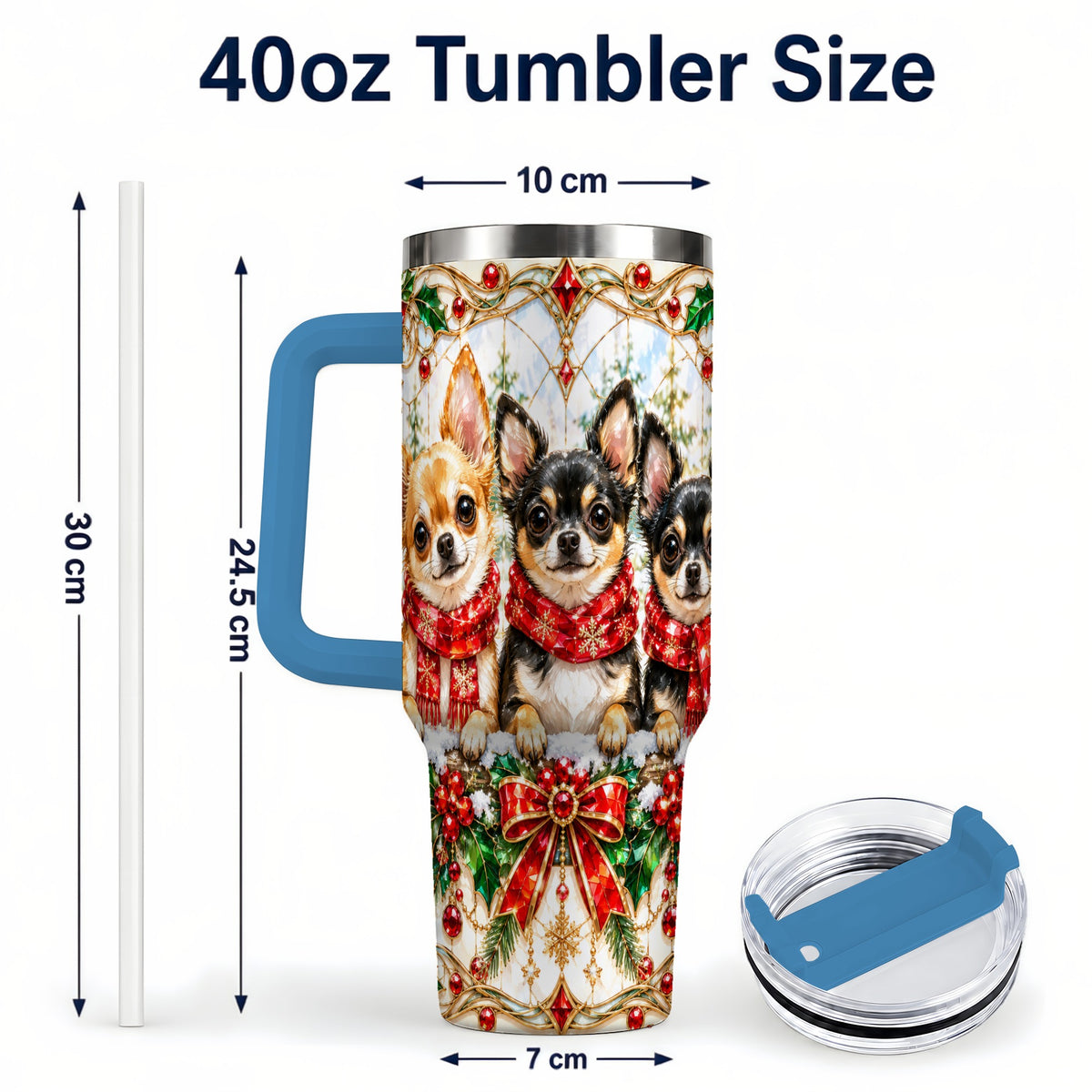 #pl[40oz|Blue] Jeweled Chihuahua 40oz Tumbler with Handle, Christmas Dog Travel Cup