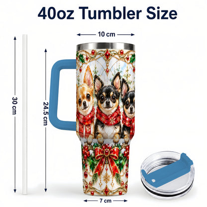 #pl[40oz|Blue] Jeweled Chihuahua 40oz Tumbler with Handle, Christmas Dog Travel Cup