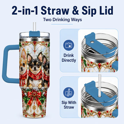 #pl[40oz|Blue] Jeweled Chihuahua 40oz Tumbler with Handle, Christmas Dog Travel Cup