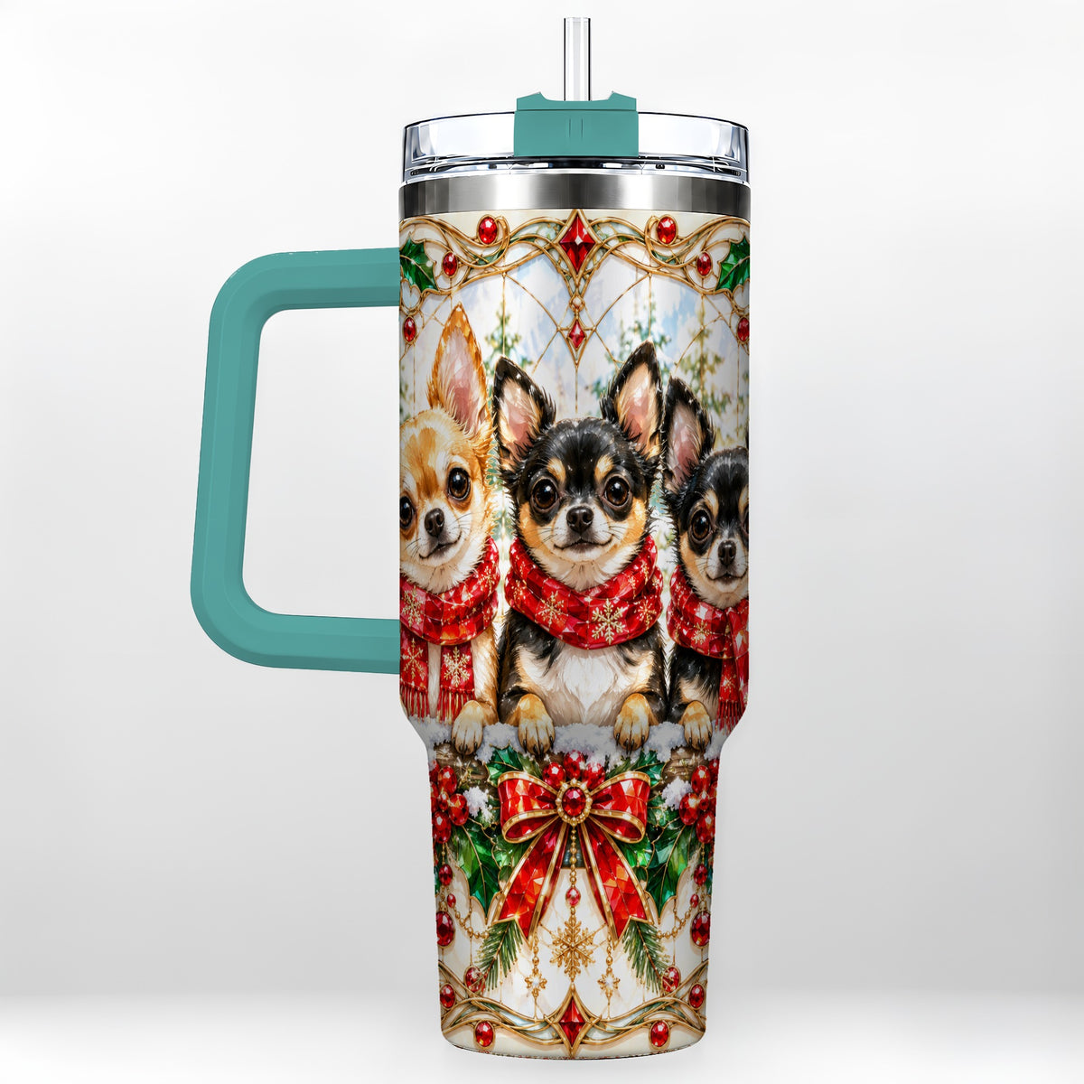 #pl[40oz|Green] Jeweled Chihuahua 40oz Tumbler with Handle, Christmas Dog Travel Cup