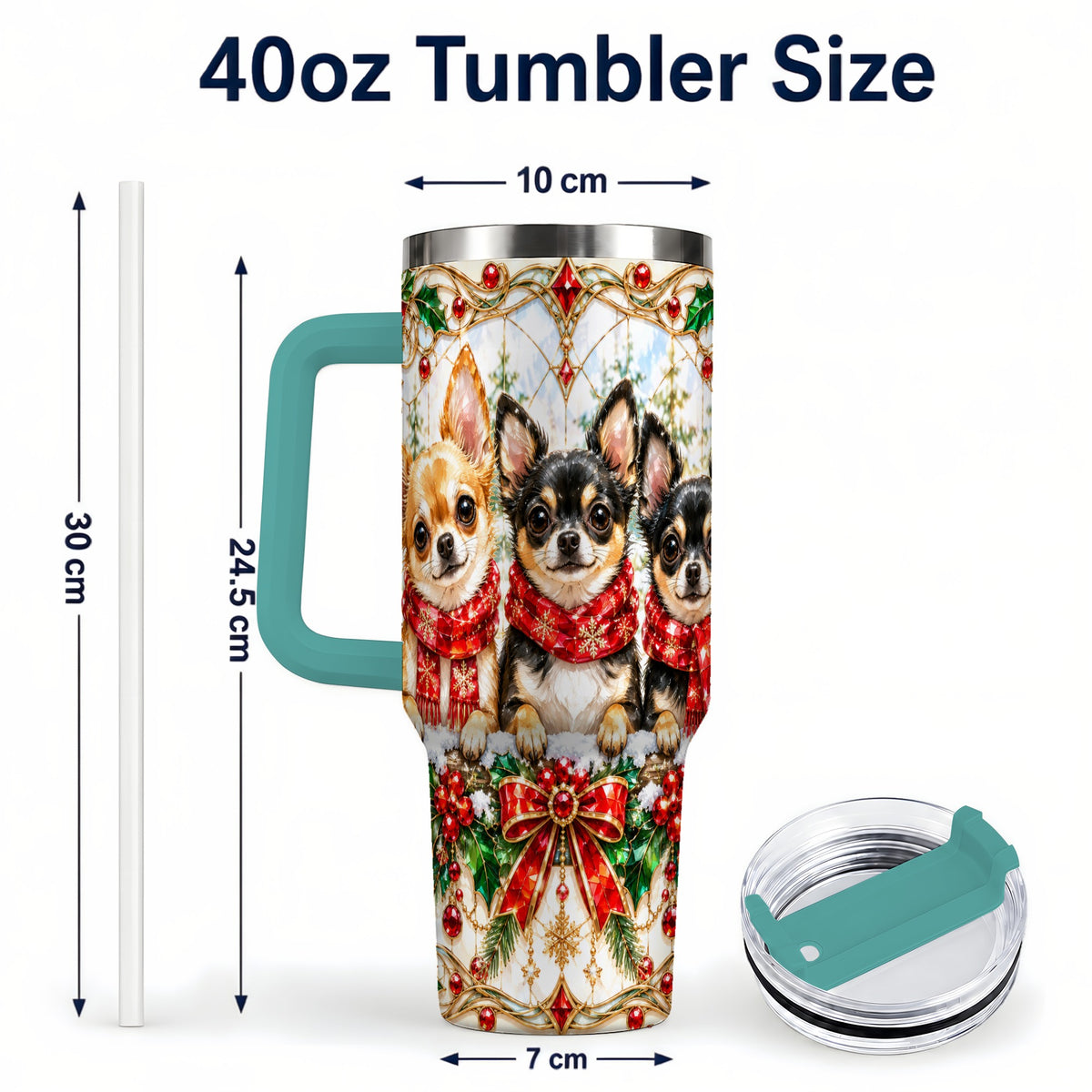 #pl[40oz|Green] Jeweled Chihuahua 40oz Tumbler with Handle, Christmas Dog Travel Cup