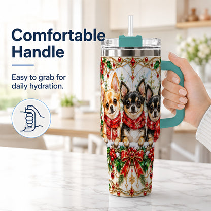 #pl[40oz|Green] Jeweled Chihuahua 40oz Tumbler with Handle, Christmas Dog Travel Cup