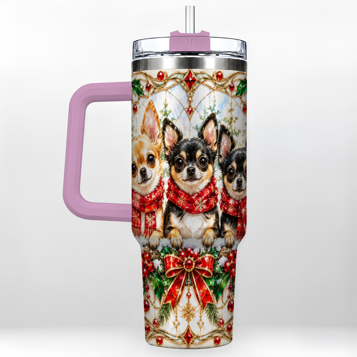#pl[40oz|Pink] Jeweled Chihuahua 40oz Tumbler with Handle, Christmas Dog Travel Cup