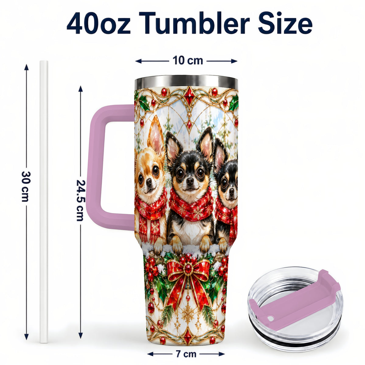 #pl[40oz|Pink] Jeweled Chihuahua 40oz Tumbler with Handle, Christmas Dog Travel Cup