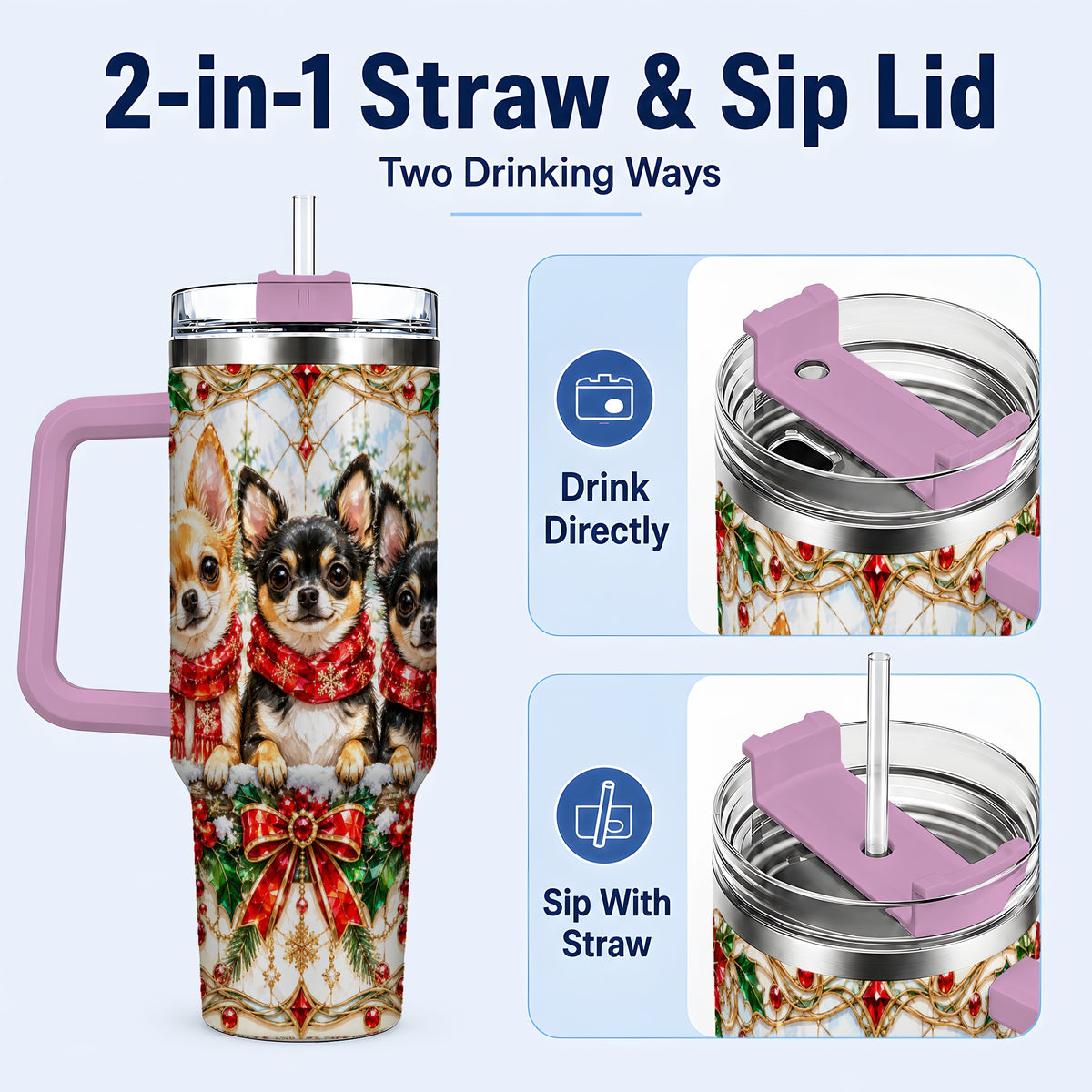#pl[40oz|Pink] Jeweled Chihuahua 40oz Tumbler with Handle, Christmas Dog Travel Cup
