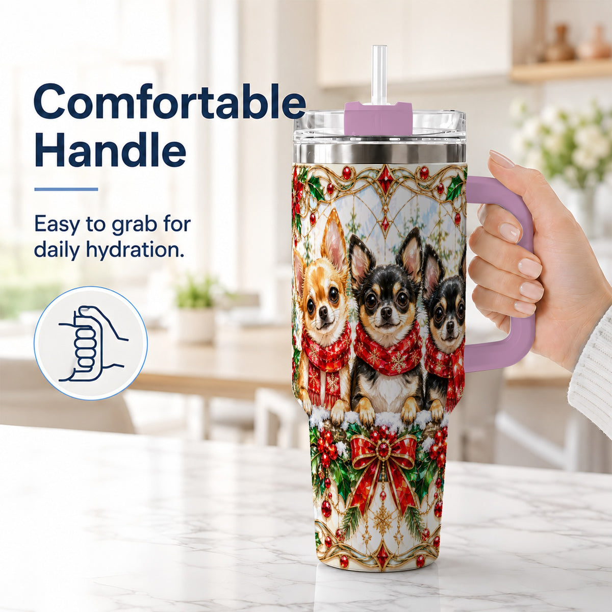 #pl[40oz|Pink] Jeweled Chihuahua 40oz Tumbler with Handle, Christmas Dog Travel Cup