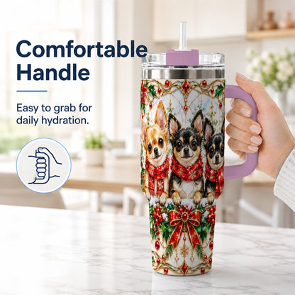 #pl[40oz|Pink] Jeweled Chihuahua 40oz Tumbler with Handle, Christmas Dog Travel Cup