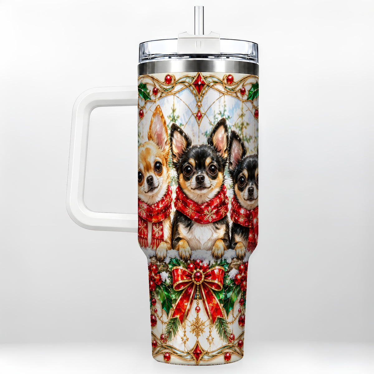 Jeweled Chihuahua 40oz Tumbler with Handle, Christmas Dog Travel Cup