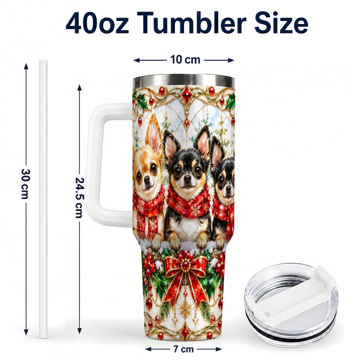 #pl[40oz|White] Jeweled Chihuahua 40oz Tumbler with Handle, Christmas Dog Travel Cup