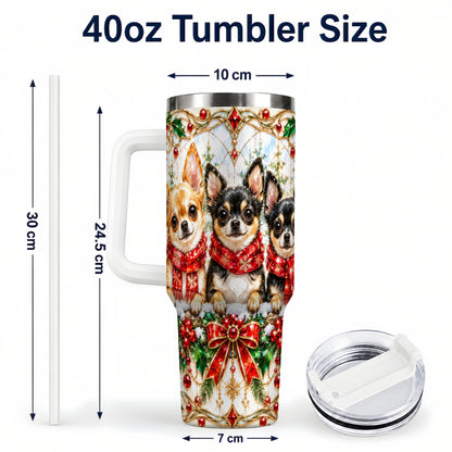 #pl[40oz|White] Jeweled Chihuahua 40oz Tumbler with Handle, Christmas Dog Travel Cup