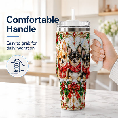 #pl[40oz|White] Jeweled Chihuahua 40oz Tumbler with Handle, Christmas Dog Travel Cup