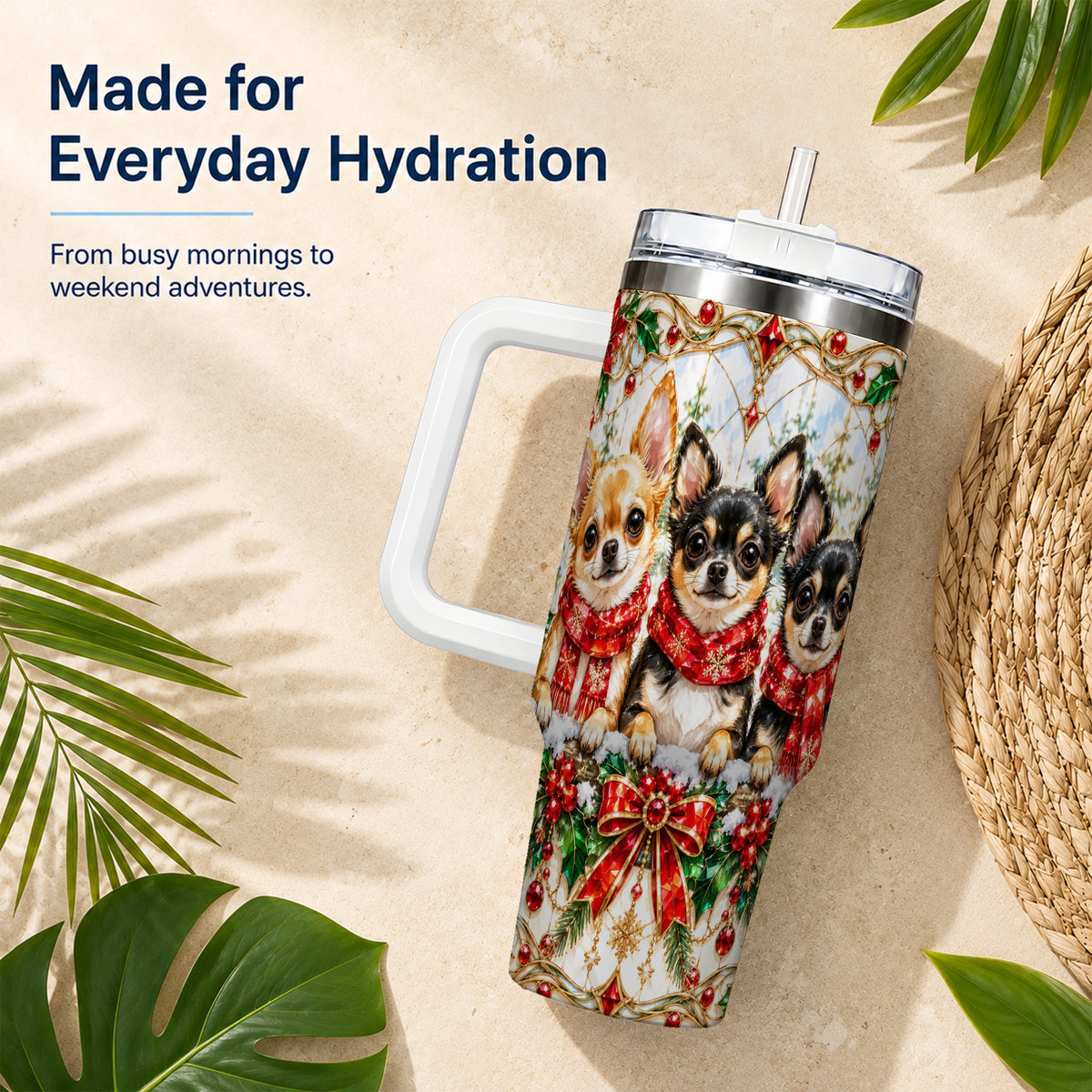 Jeweled Chihuahua 40oz Tumbler with Handle, Christmas Dog Travel Cup
