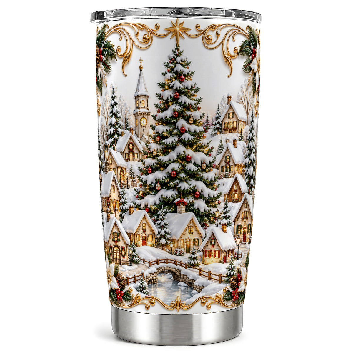 Snowy Village Tumbler 20oz, Christmas Stainless Steel Travel Cup