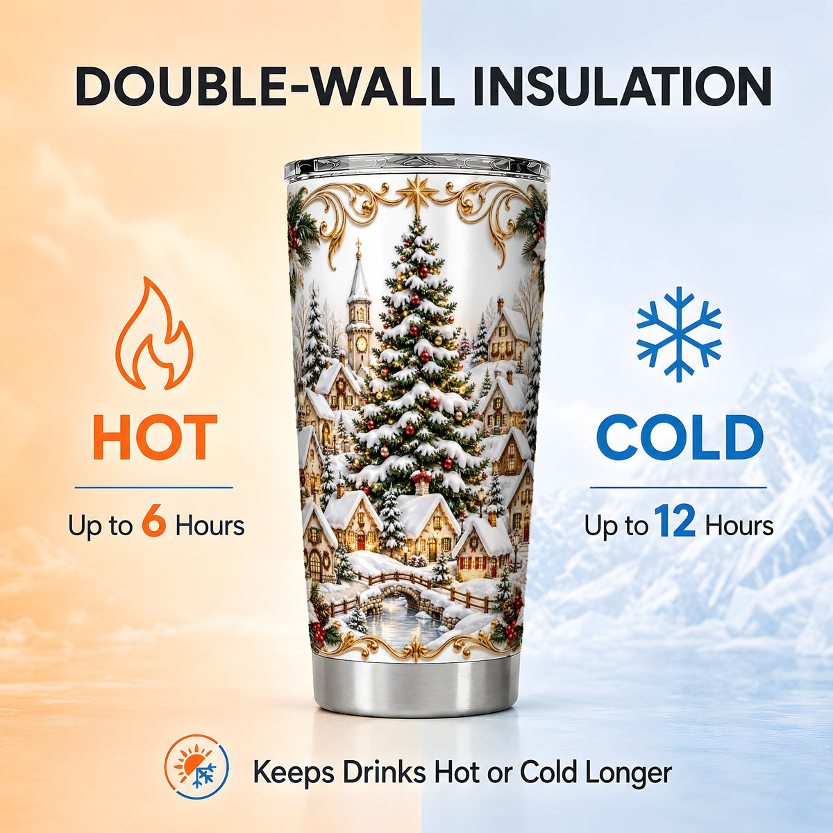 Snowy Village Tumbler 20oz, Christmas Stainless Steel Travel Cup